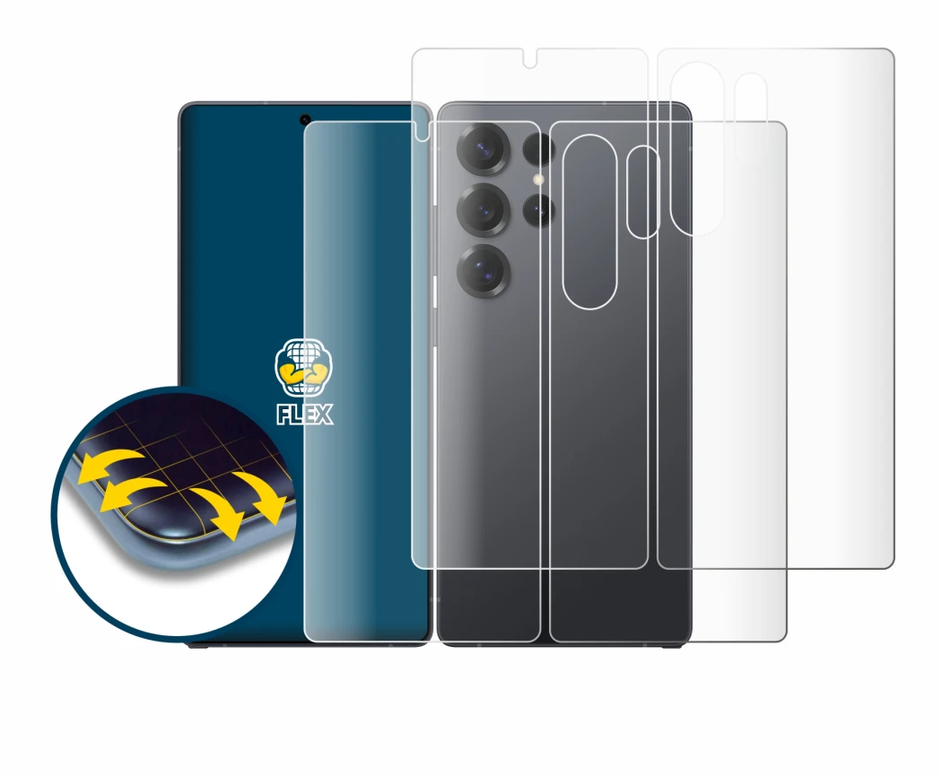 Abbildung des Geräts Samsung Galaxy S25 Ultra (Display+Rückseite) mit einer Vielzahl des Displayschutzes.
