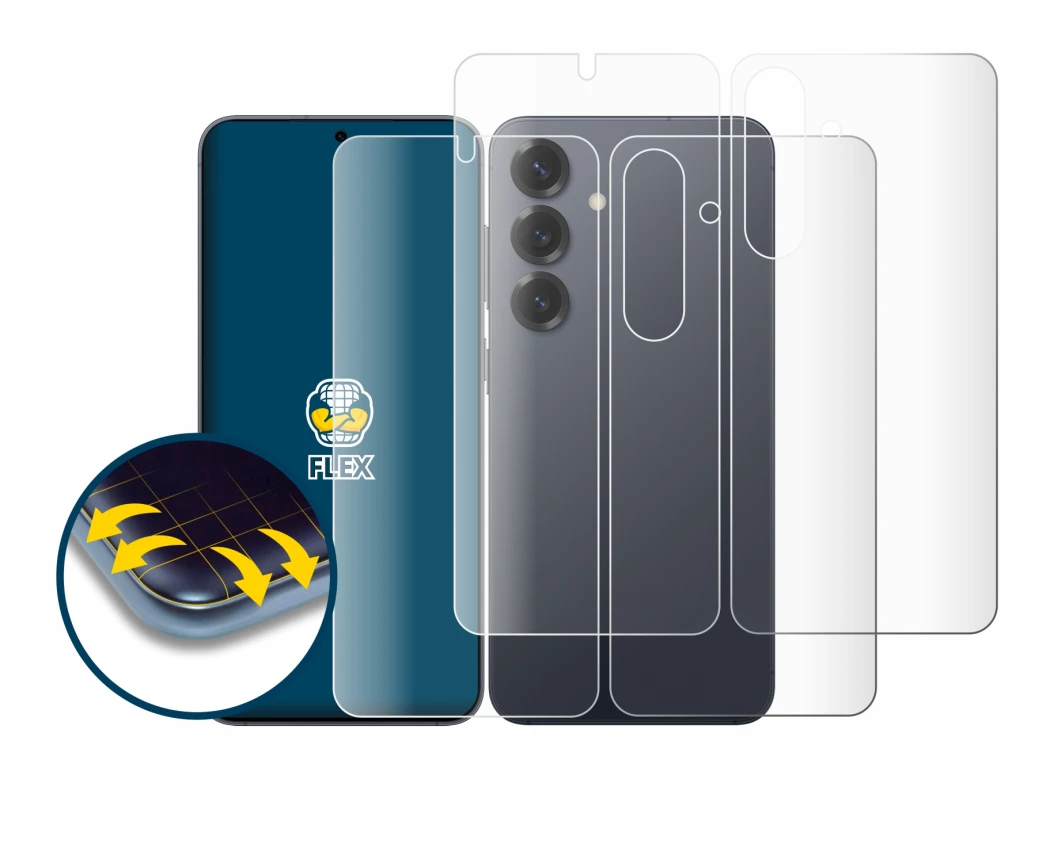 Abbildung des Geräts Samsung Galaxy S25 (Display+Rückseite) mit einer Vielzahl des Displayschutzes.