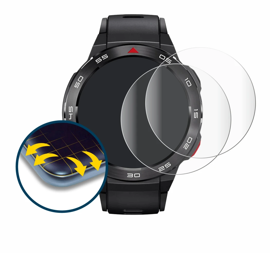 Abbildung des Geräts Xiaomi Mibro GS Pro mit einer Vielzahl des Displayschutzes.