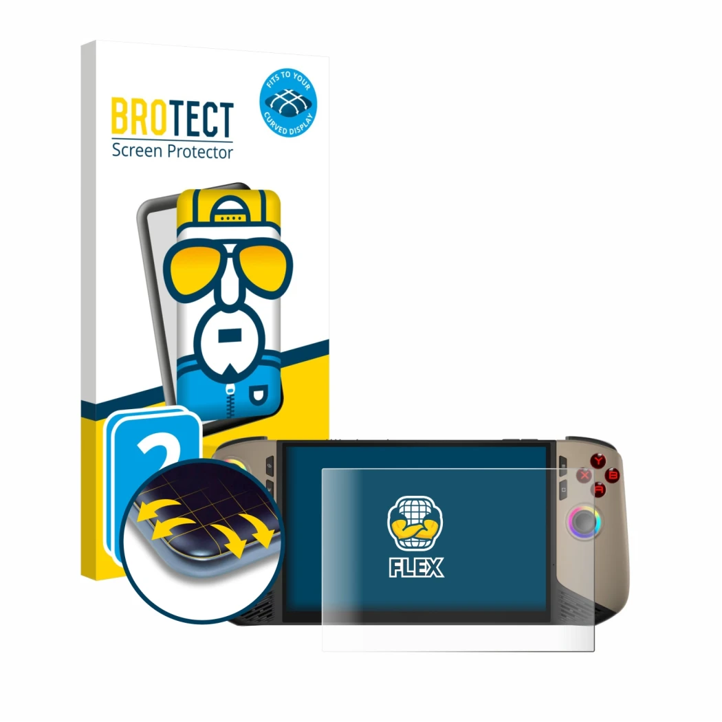 Vorderseite einer Produktverpackung mit dem Markenlogo BROTECT. Daneben ist das Gerät MSI Claw 8 AI+ mit dem zugehörigen Displ