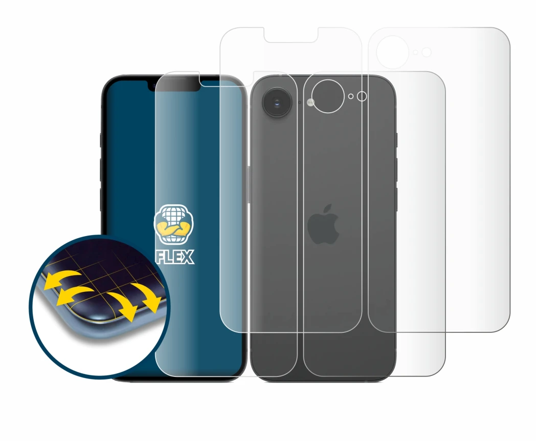 Abbildung des Geräts Apple iPhone 16e (Display+Rückseite) mit einer Vielzahl des Displayschutzes.