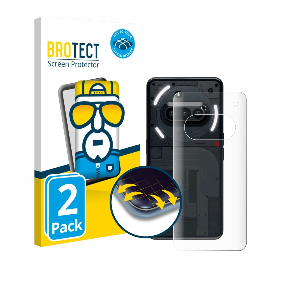 Vorderseite einer Produktverpackung mit dem Markenlogo BROTECT. Daneben ist das Gerät Nothing Phone (3a) (Rückseite) mit dem z
