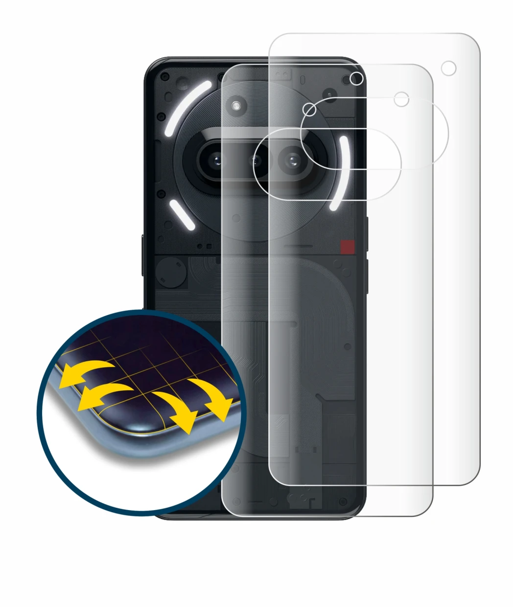 Abbildung des Geräts Nothing Phone (3a) (Rückseite) mit einer Vielzahl des Displayschutzes.