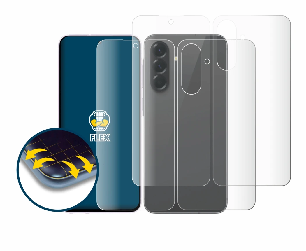 Abbildung des Geräts Samsung Galaxy A56 5G (Display+Rückseite) mit einer Vielzahl des Displayschutzes.