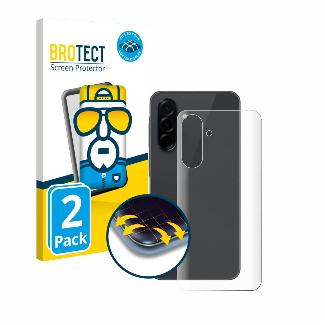 Vorderseite einer Produktverpackung mit dem Markenlogo BROTECT. Daneben ist das Gerät Samsung Galaxy A36 5G (Rückseite) mit de
