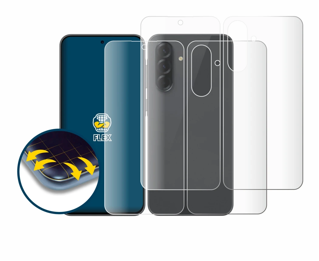 Abbildung des Geräts Samsung Galaxy A36 5G (Display+Rückseite) mit einer Vielzahl des Displayschutzes.