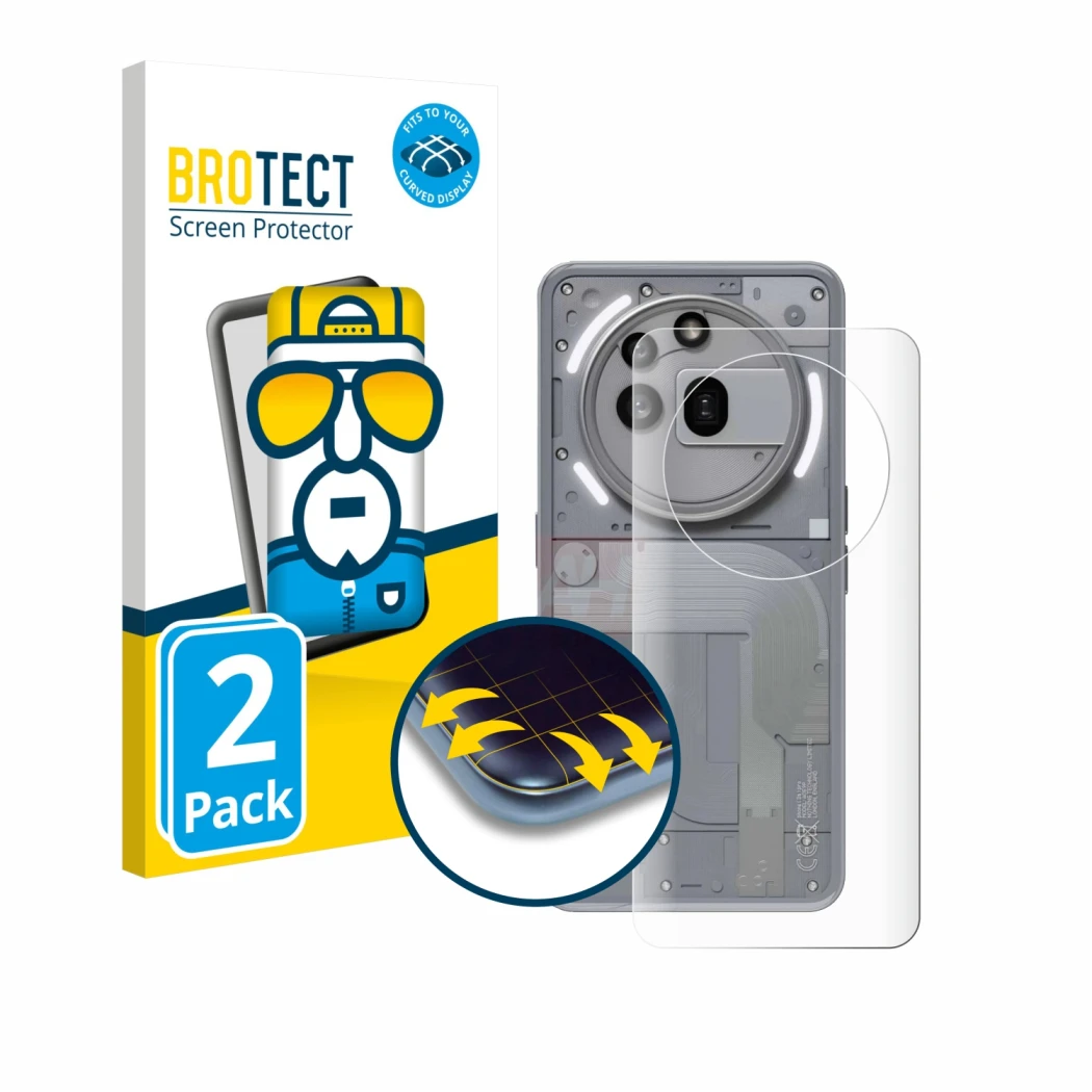 Vorderseite einer Produktverpackung mit dem Markenlogo BROTECT. Daneben ist das Gerät Nothing Phone (3a) Pro (Rückseite) mit d