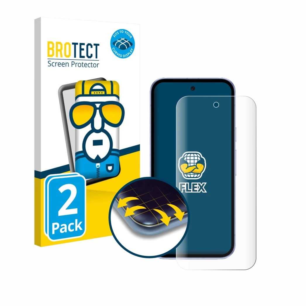 Vorderseite einer Produktverpackung mit dem Markenlogo BROTECT. Daneben ist das Gerät Google Pixel 9a mit dem zugehörigen Disp