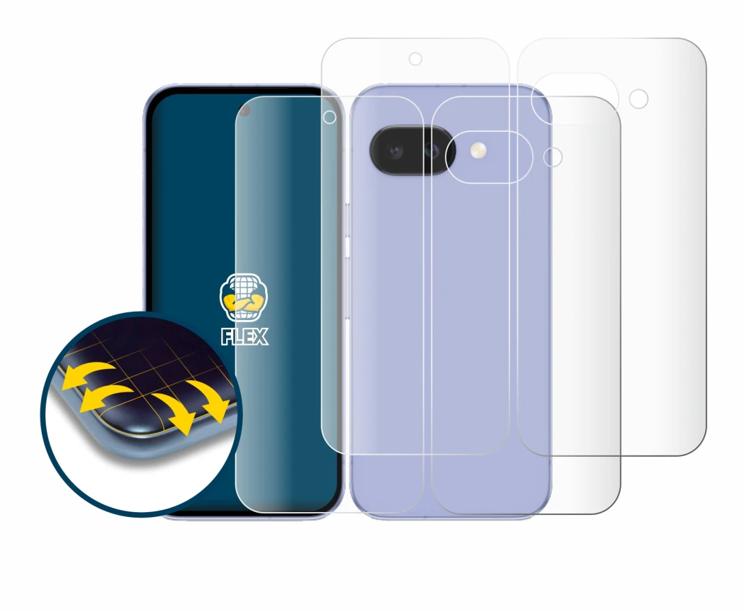 Abbildung des Geräts Google Pixel 9a (Display+Rückseite) mit einer Vielzahl des Displayschutzes.