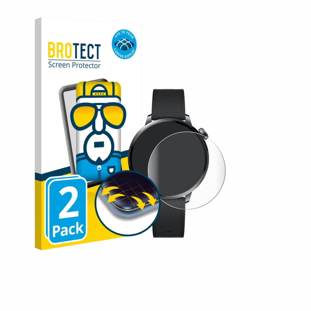 Vorderseite einer Produktverpackung mit dem Markenlogo BROTECT. Daneben ist das Gerät Oppo Watch X2 Mini mit dem zugehörigen D