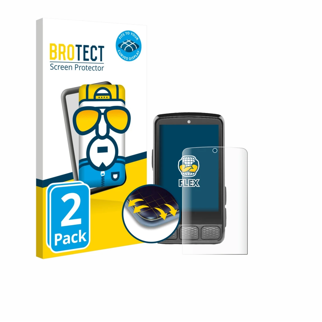 Vorderseite einer Produktverpackung mit dem Markenlogo BROTECT. Daneben ist das Gerät Wahoo Elemnt Roam V3 mit dem zugehörigen