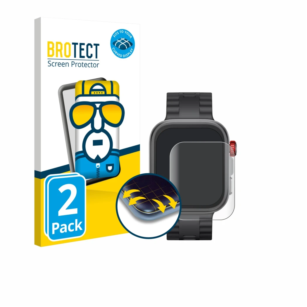 Vorderseite einer Produktverpackung mit dem Markenlogo BROTECT. Daneben ist das Gerät Huawei Watch Fit 4 Pro mit dem zugehörig