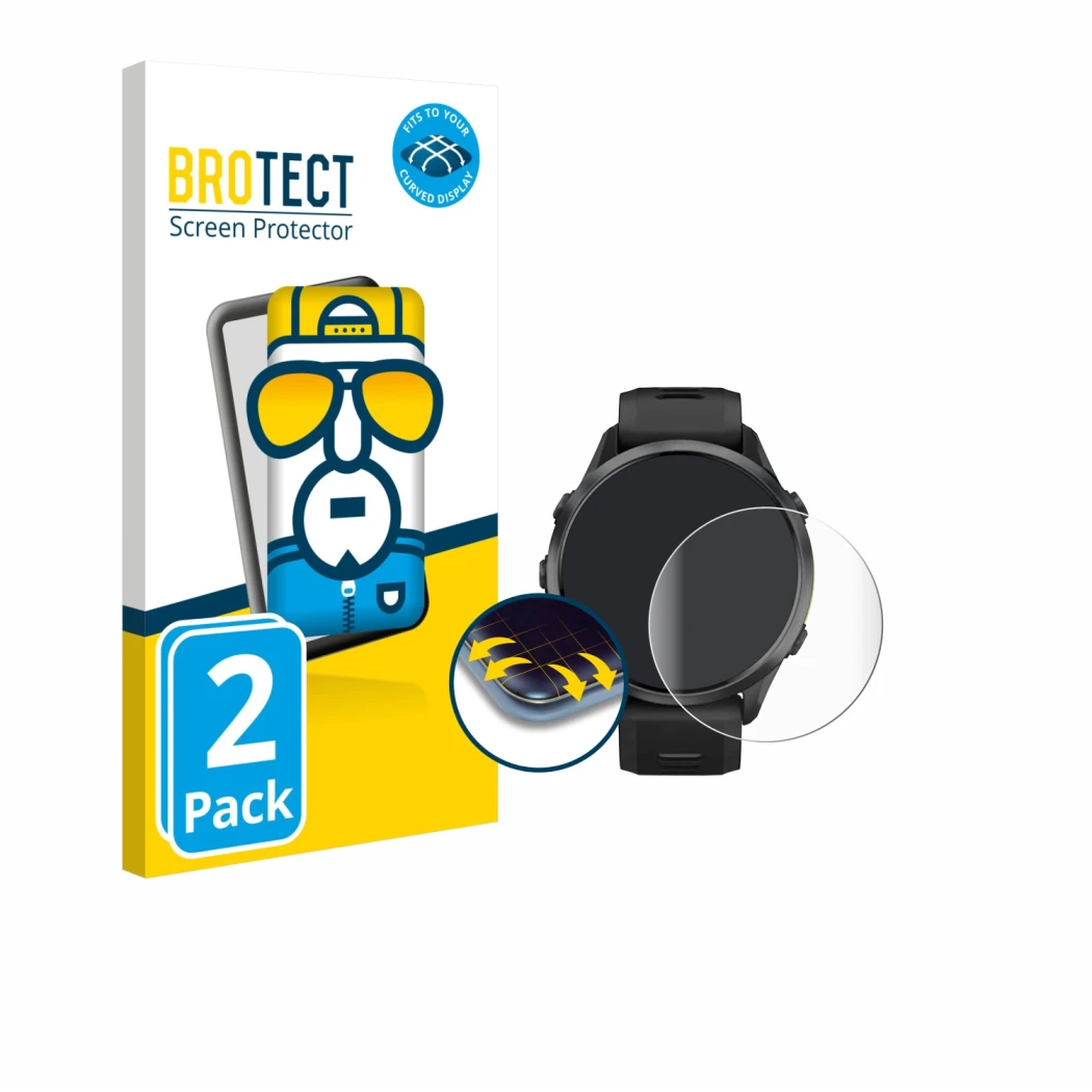 Vorderseite einer Produktverpackung mit dem Markenlogo BROTECT. Daneben ist das Gerät Garmin Forerunner 970 mit dem zugehörige