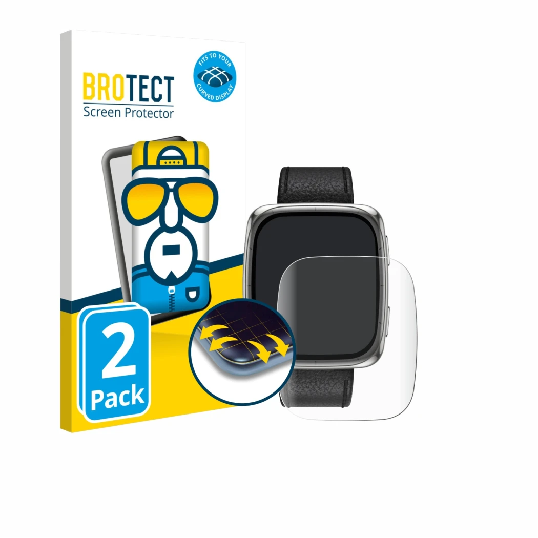 Vorderseite einer Produktverpackung mit dem Markenlogo BROTECT. Daneben ist das Gerät Amazfit Active 2 (rechteckig) mit dem zu