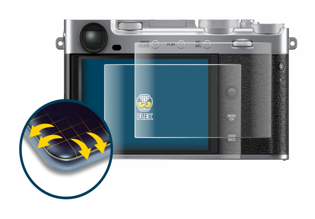 Abbildung des Geräts Fujifilm X-E5 mit einer Vielzahl des Displayschutzes.