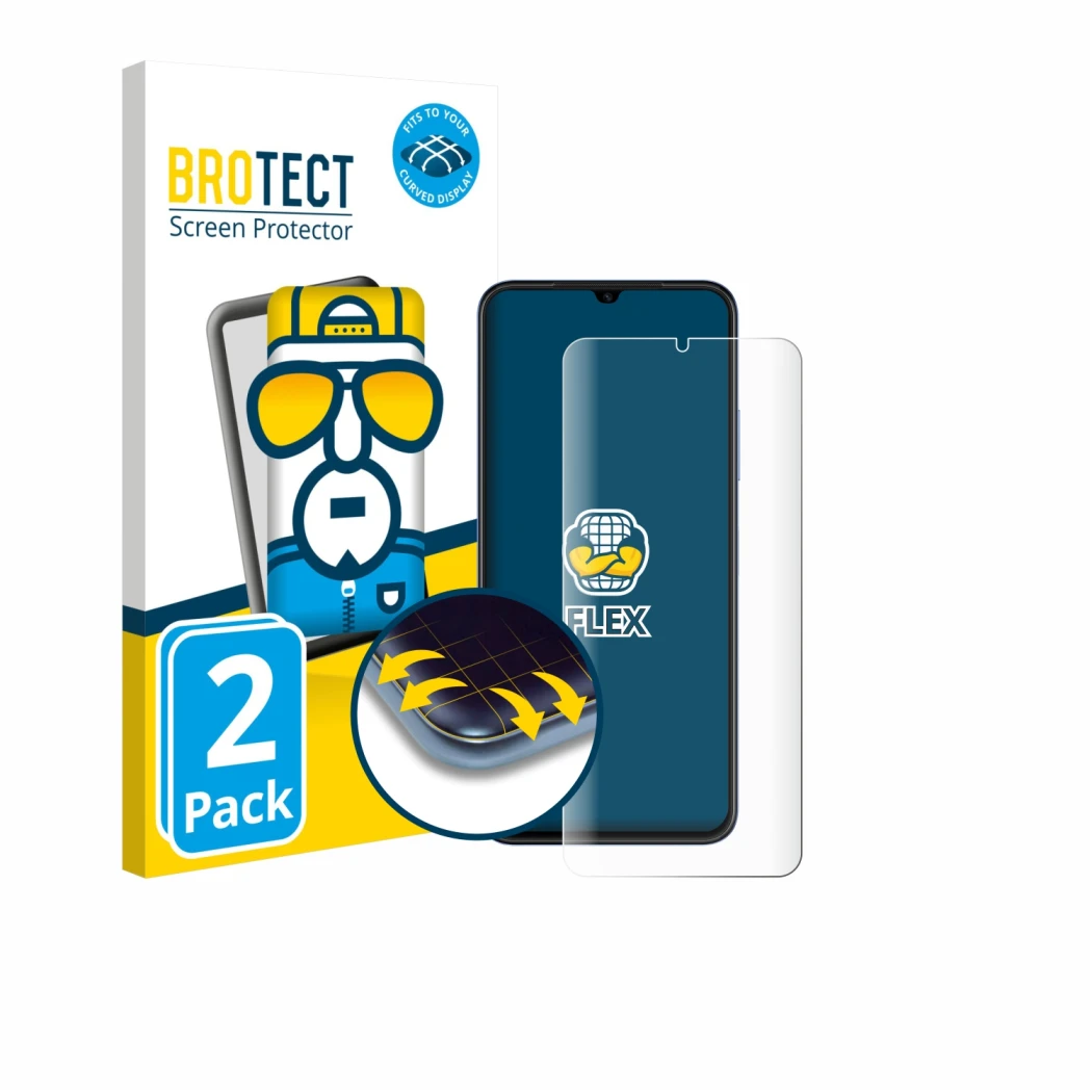 Vorderseite einer Produktverpackung mit dem Markenlogo BROTECT. Daneben ist das Gerät Huawei Nova Y61 mit dem zugehörigen Disp