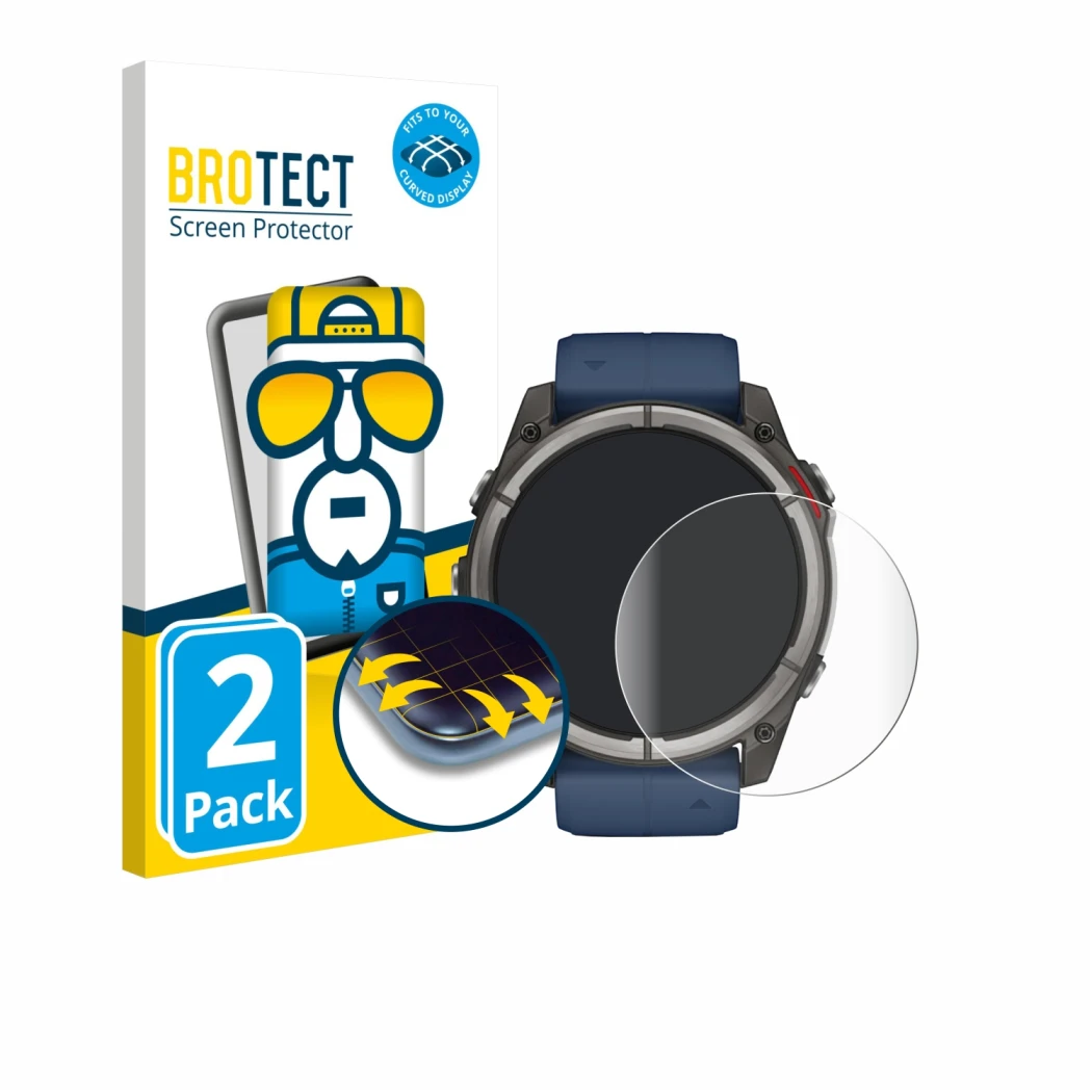 Vorderseite einer Produktverpackung mit dem Markenlogo BROTECT. Daneben ist das Gerät Garmin quatix 8 (51 mm) mit dem zugehöri