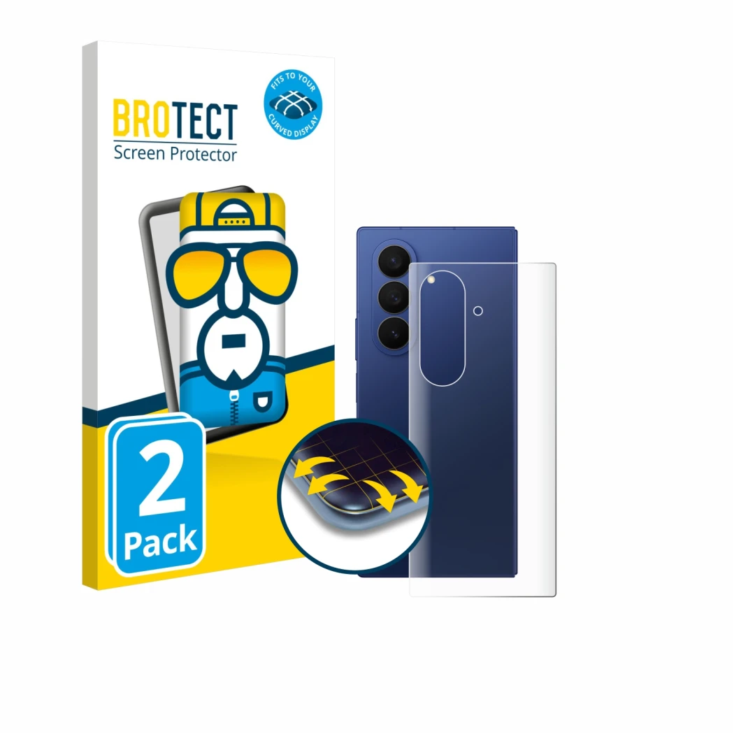 Vorderseite einer Produktverpackung mit dem Markenlogo BROTECT. Daneben ist das Gerät Samsung Galaxy Z Fold 7 (Rückseite) mit 