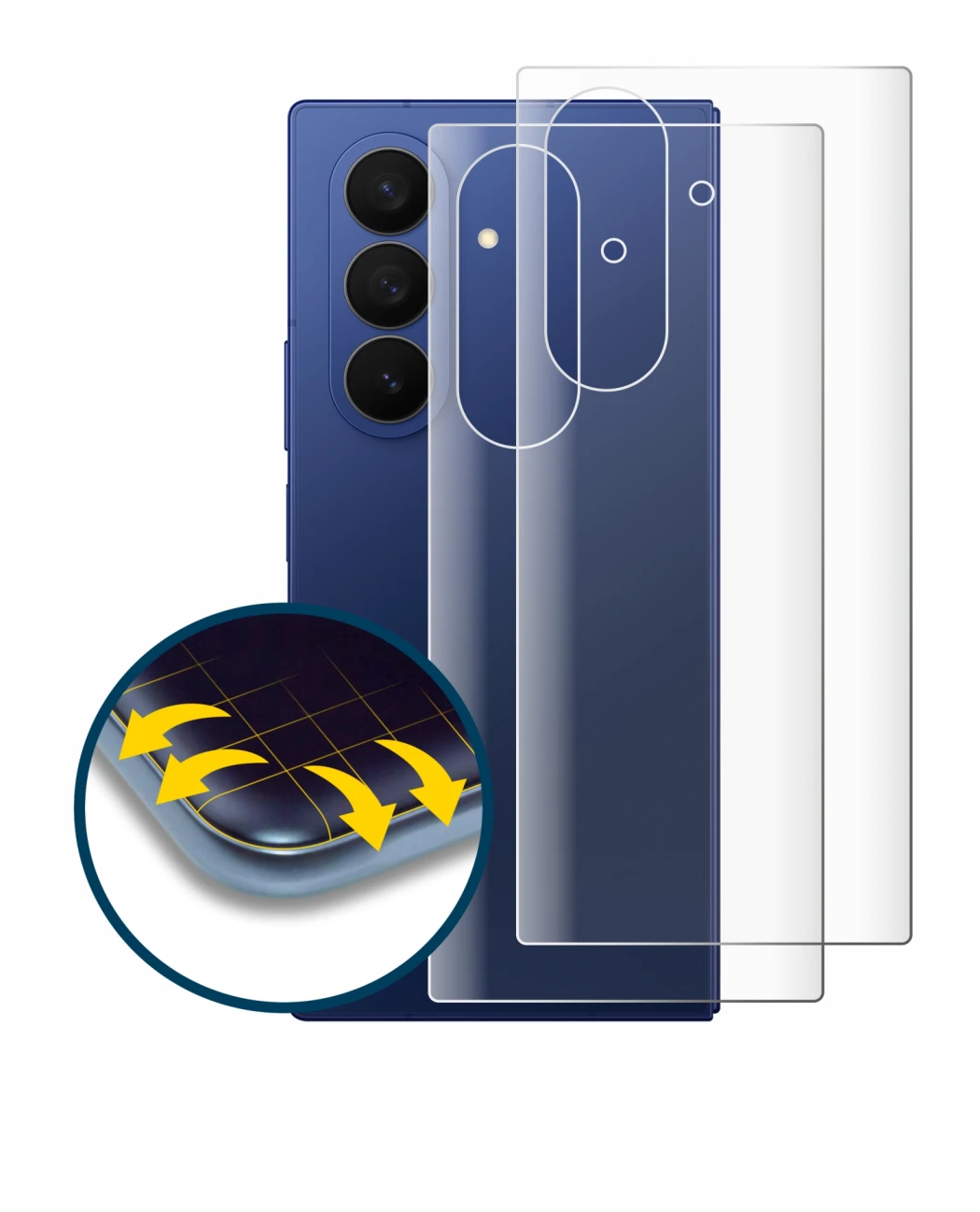 Abbildung des Geräts Samsung Galaxy Z Fold 7 (Rückseite) mit einer Vielzahl des Displayschutzes.