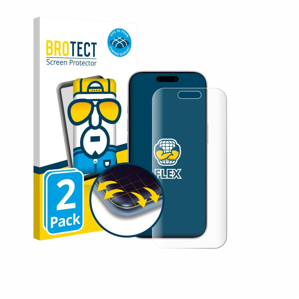 Vorderseite einer Produktverpackung mit dem Markenlogo BROTECT. Daneben ist das Gerät Apple iPhone 17 mit dem zugehörigen Disp