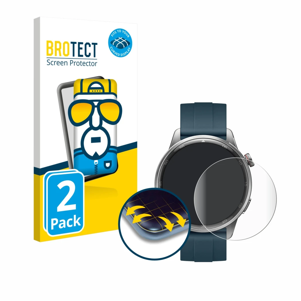 Vorderseite einer Produktverpackung mit dem Markenlogo BROTECT. Daneben ist das Gerät realme Watch S2 mit dem zugehörigen Disp