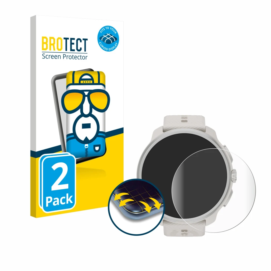 Vorderseite einer Produktverpackung mit dem Markenlogo BROTECT. Daneben ist das Gerät Suunto Race 2 mit dem zugehörigen Displa