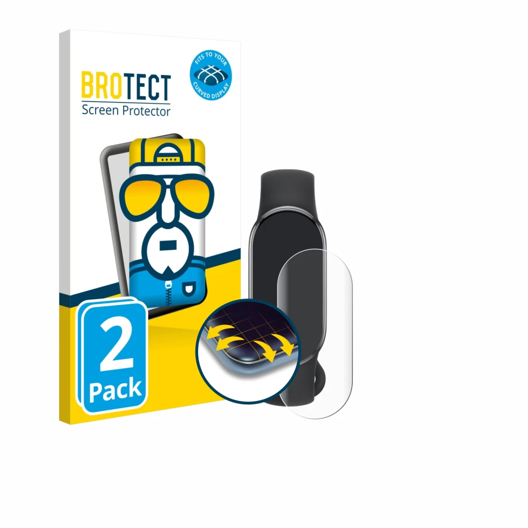 Vorderseite einer Produktverpackung mit dem Markenlogo BROTECT. Daneben ist das Gerät Xiaomi Smart Band 10 mit dem zugehörigen