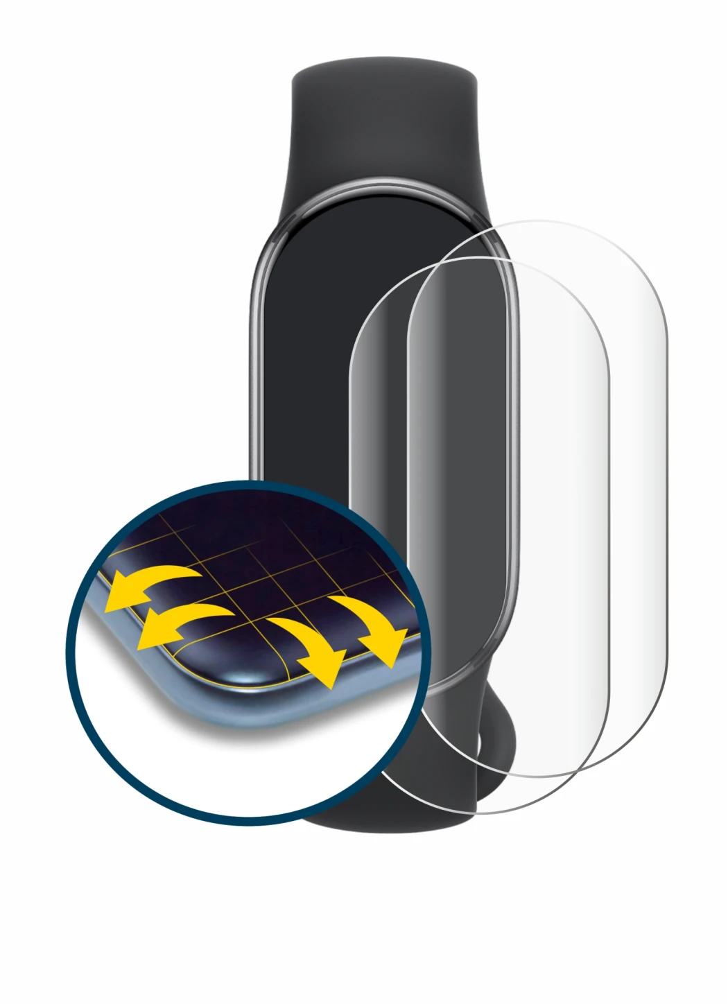 Abbildung des Geräts Xiaomi Smart Band 10 mit einer Vielzahl des Displayschutzes.