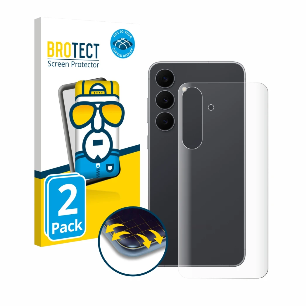 Vorderseite einer Produktverpackung mit dem Markenlogo BROTECT. Daneben ist das Gerät Samsung Galaxy S25 FE (Rückseite) mit de