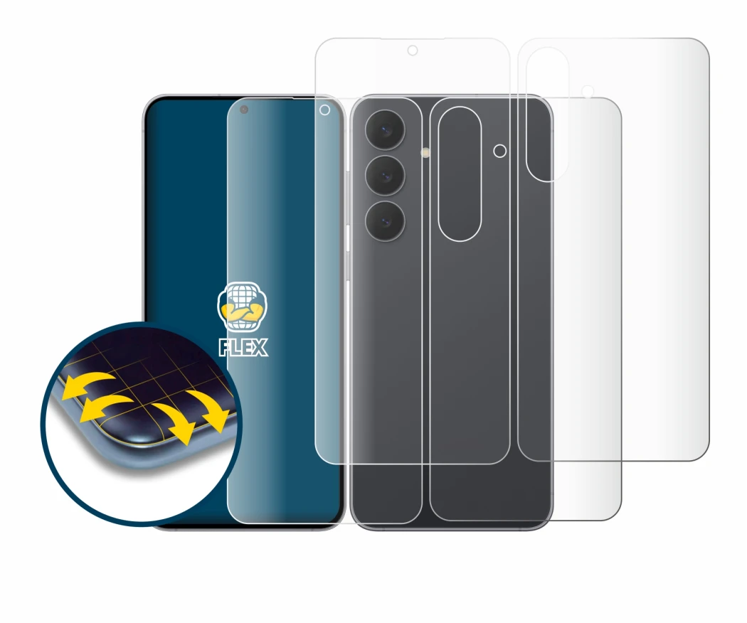 Abbildung des Geräts Samsung Galaxy S25 FE (Display+Rückseite) mit einer Vielzahl des Displayschutzes.