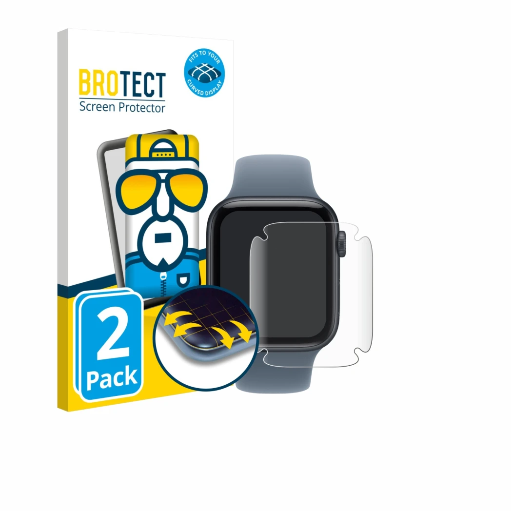 Vorderseite einer Produktverpackung mit dem Markenlogo BROTECT. Daneben ist das Gerät Apple Watch SE 3 (44 mm) mit dem zugehör