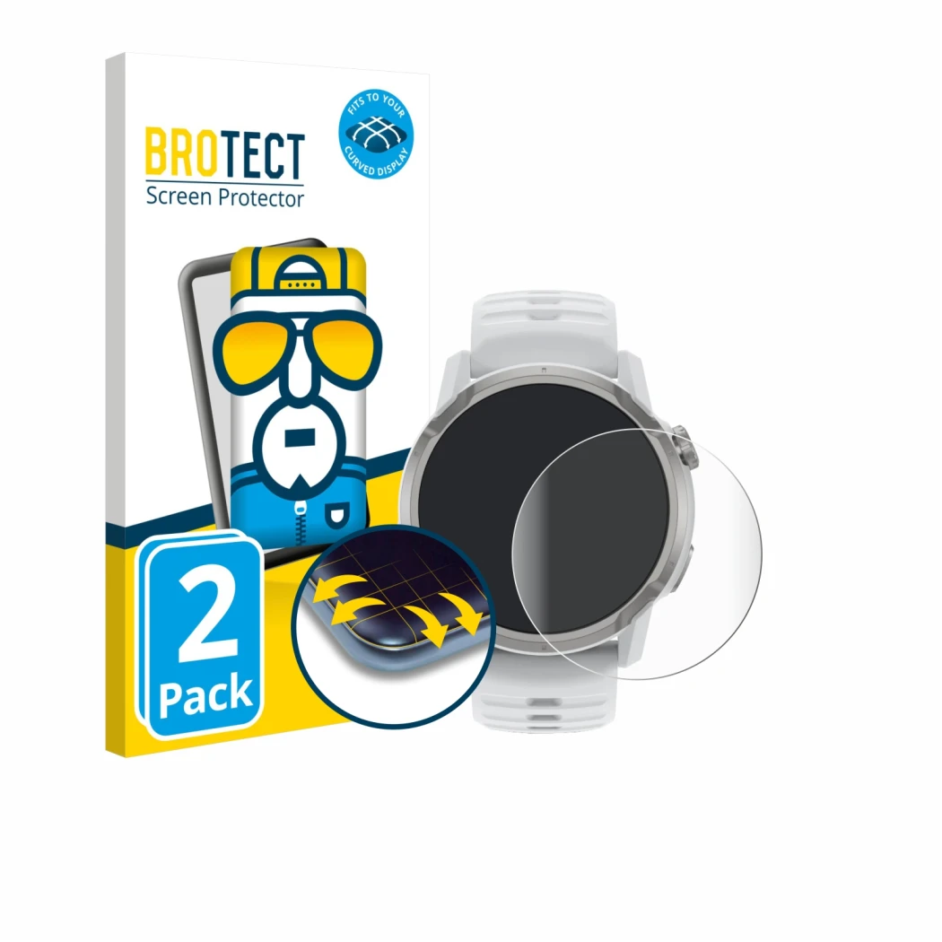 Vorderseite einer Produktverpackung mit dem Markenlogo BROTECT. Daneben ist das Gerät Coros Apex 4 (46 mm) mit dem zugehörigen