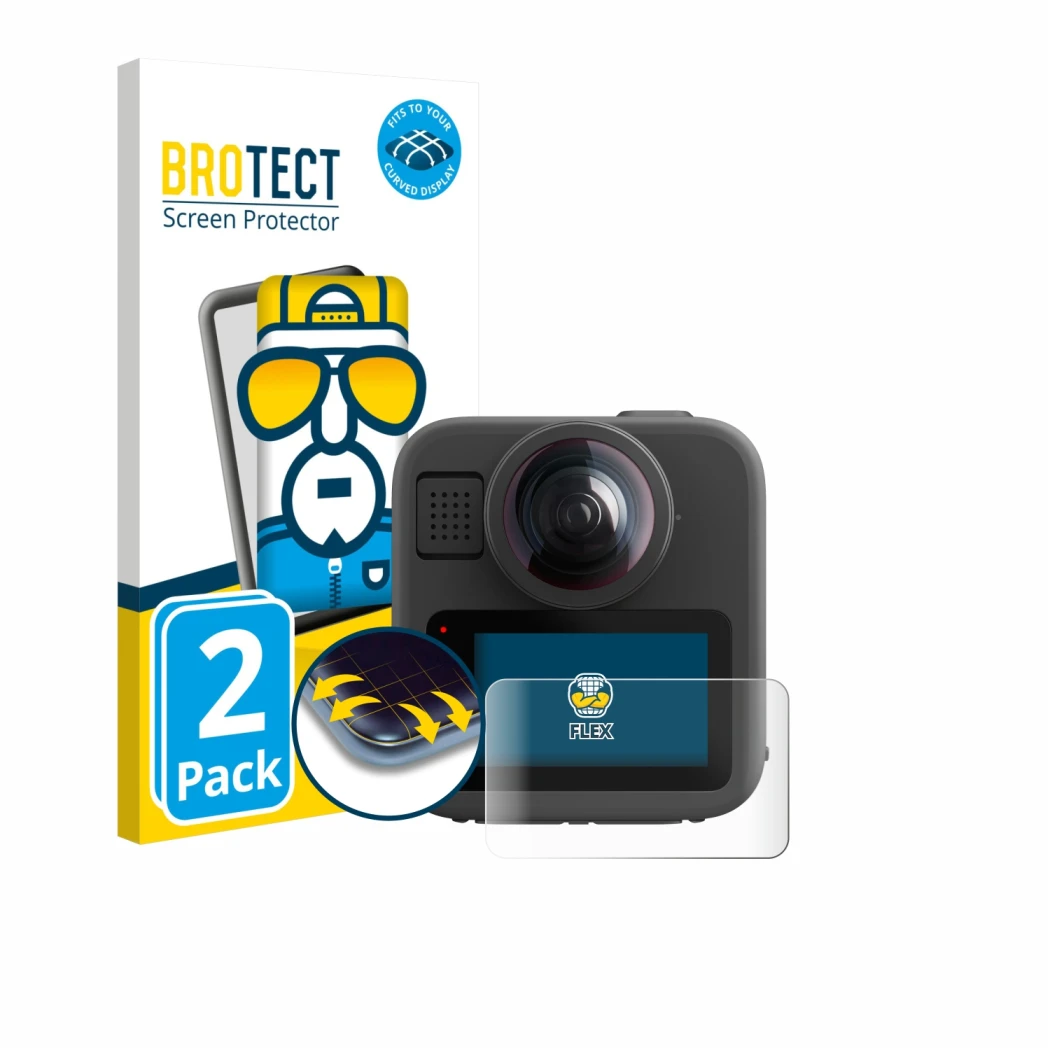 Vorderseite einer Produktverpackung mit dem Markenlogo BROTECT. Daneben ist das Gerät GoPro Max 2 mit dem zugehörigen Displays