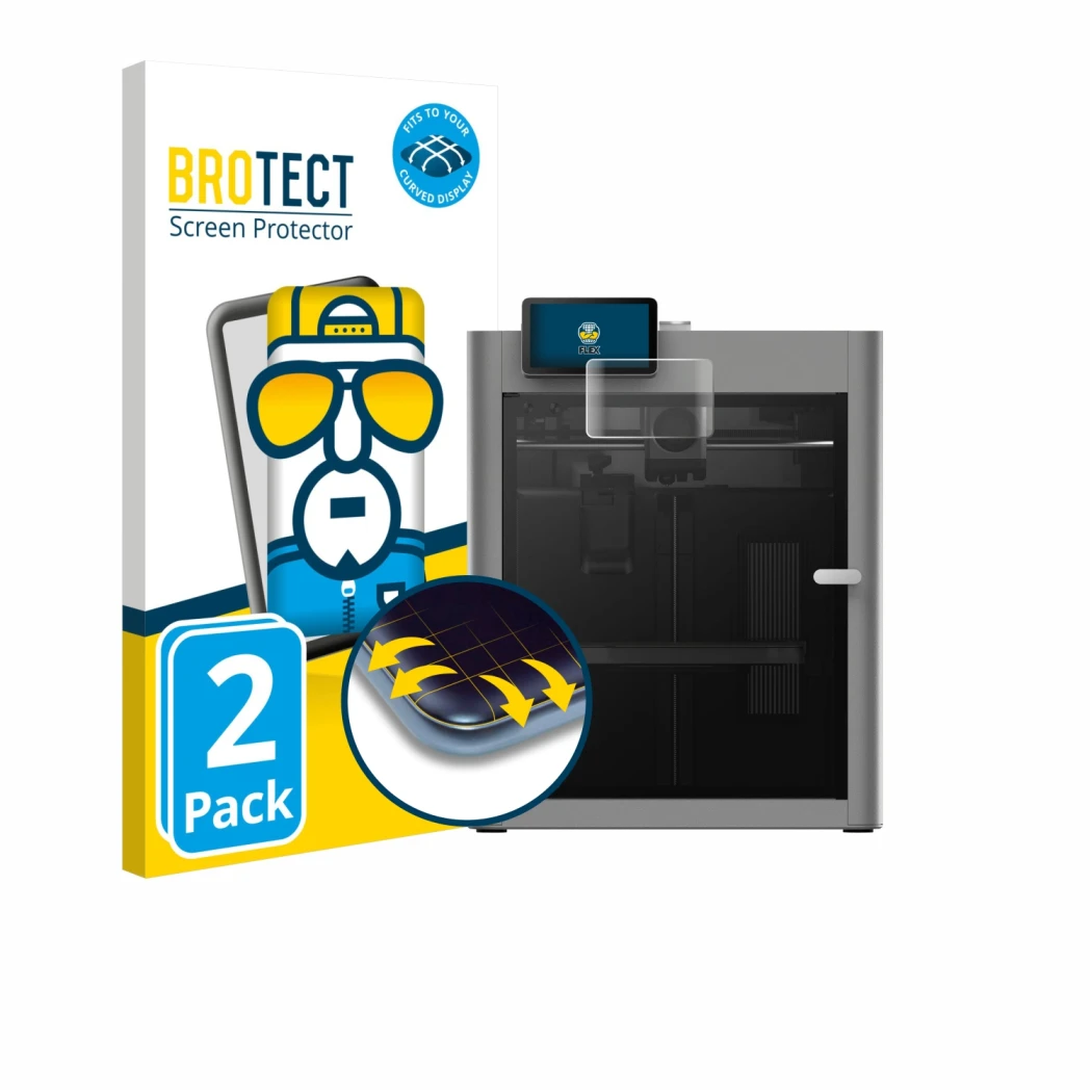 Vorderseite einer Produktverpackung mit dem Markenlogo BROTECT. Daneben ist das Gerät Bambu Lab P2S 3D Printer mit dem zugehör