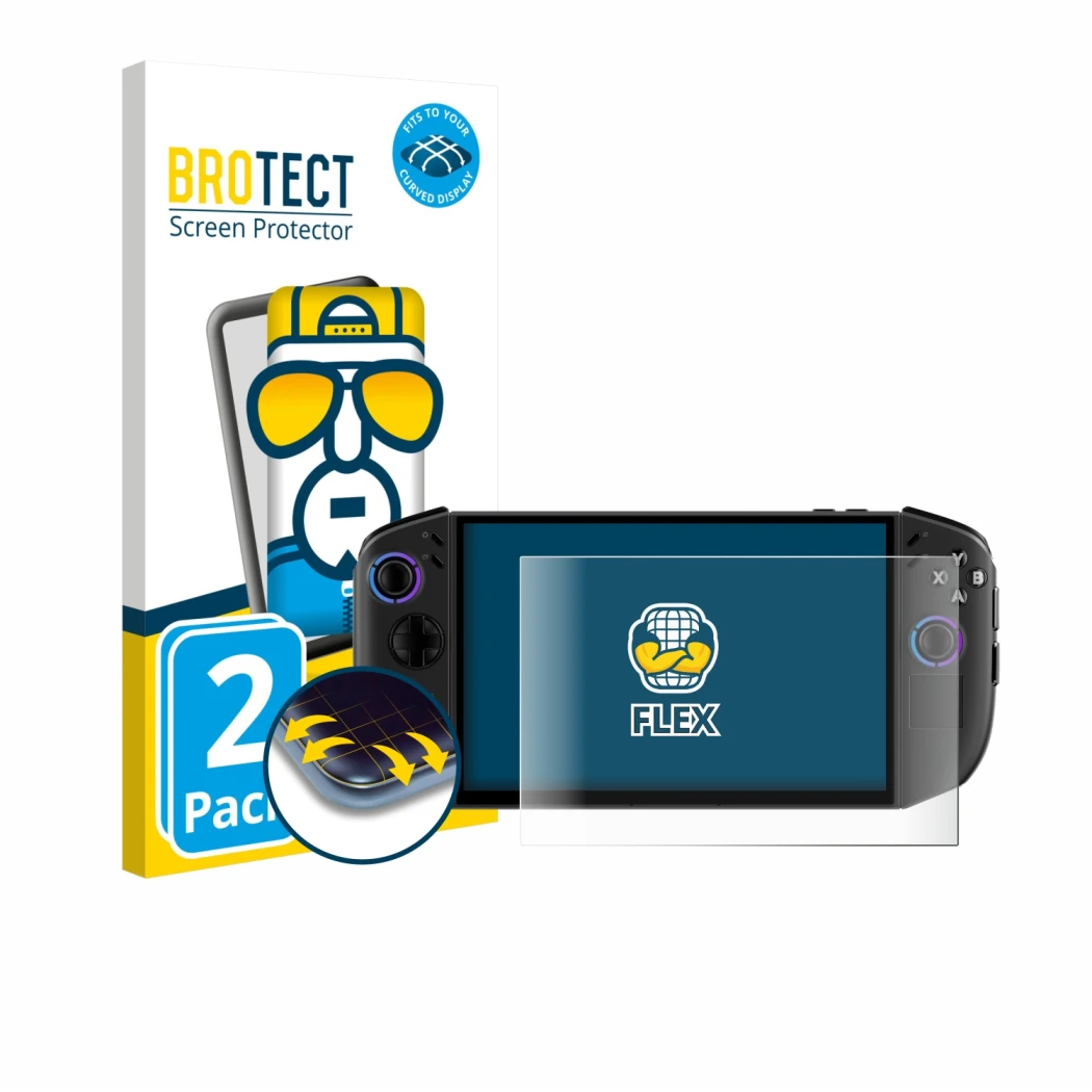 Vorderseite einer Produktverpackung mit dem Markenlogo BROTECT. Daneben ist das Gerät Lenovo Legion Go Gen 2 mit dem zugehörig