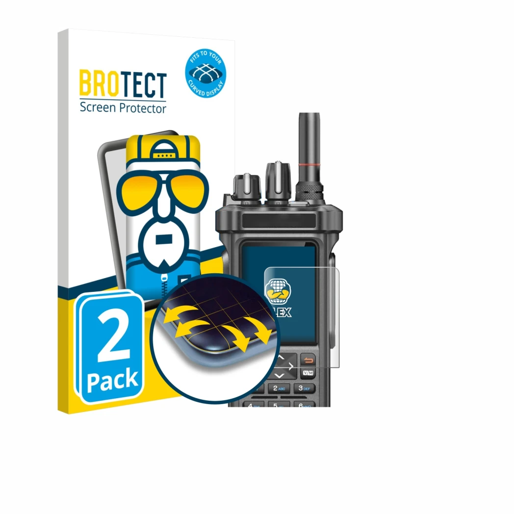 Vorderseite einer Produktverpackung mit dem Markenlogo BROTECT. Daneben ist das Gerät Radtel RT-950 Pro mit dem zugehörigen Di