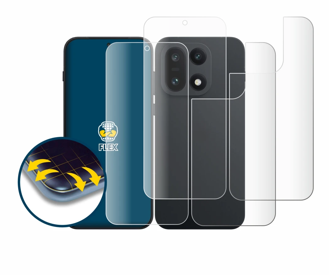 Abbildung des Geräts OnePlus 15 (Display+Rückseite) mit einer Vielzahl des Displayschutzes.