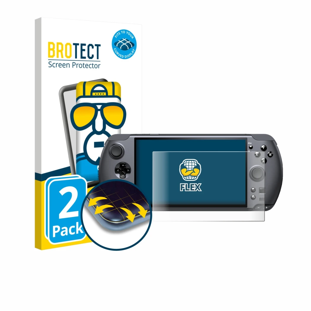 Vorderseite einer Produktverpackung mit dem Markenlogo BROTECT. Daneben ist das Gerät GPD Win 5 mit dem zugehörigen Displaysch