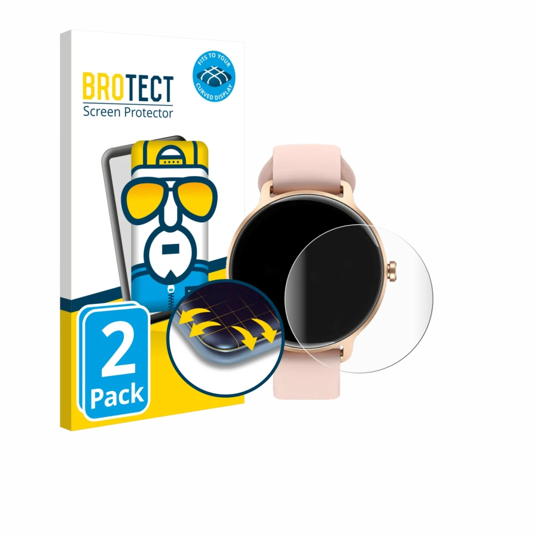Vorderseite einer Produktverpackung mit dem Markenlogo BROTECT. Daneben ist das Gerät Yoever Smartwatch 1.27