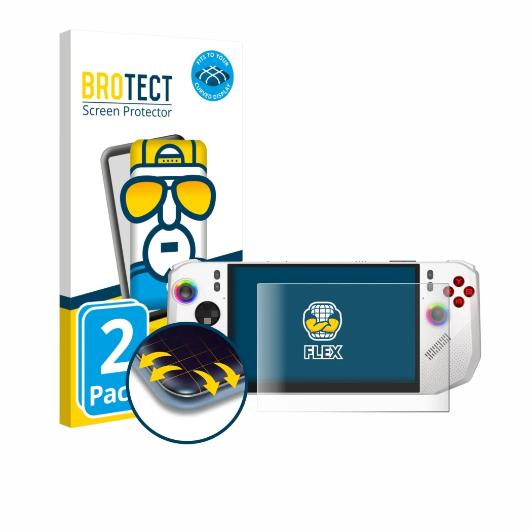 Vorderseite einer Produktverpackung mit dem Markenlogo BROTECT. Daneben ist das Gerät MSI Claw A8 BZ2EM mit dem zugehörigen Di