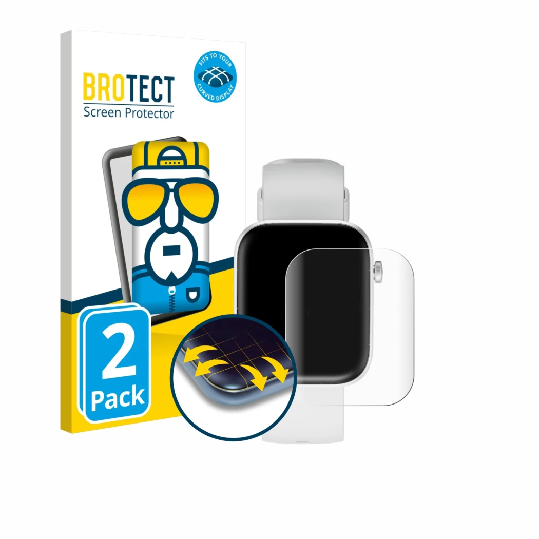 Vorderseite einer Produktverpackung mit dem Markenlogo BROTECT. Daneben ist das Gerät HMD Watch P1 mit dem zugehörigen Display