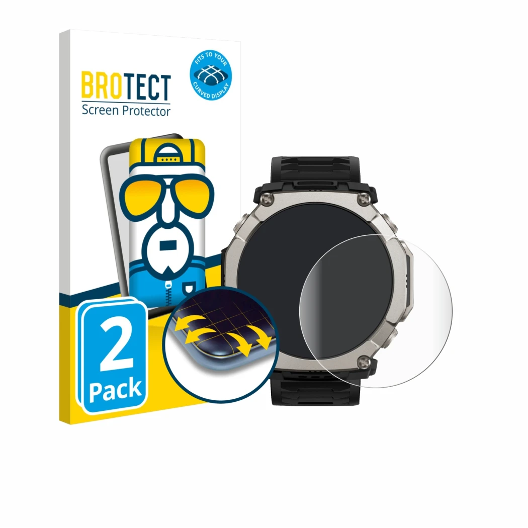 Vorderseite einer Produktverpackung mit dem Markenlogo BROTECT. Daneben ist das Gerät Huami Amazfit T-Rex Ultra 2 mit dem zuge