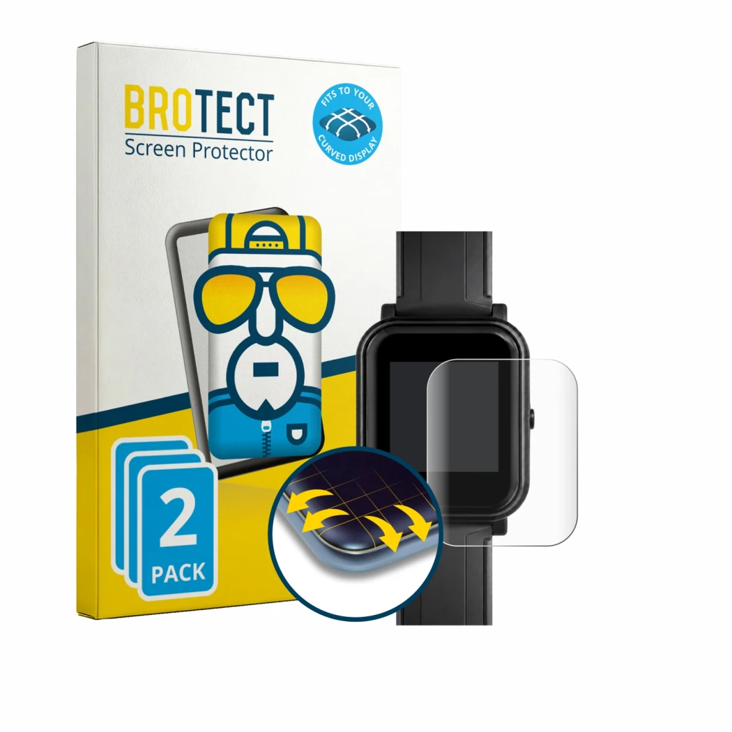 Vorderseite einer Produktverpackung mit dem Markenlogo BROTECT. Daneben ist das Gerät Bangle.js 2 mit dem zugehörigen Displays