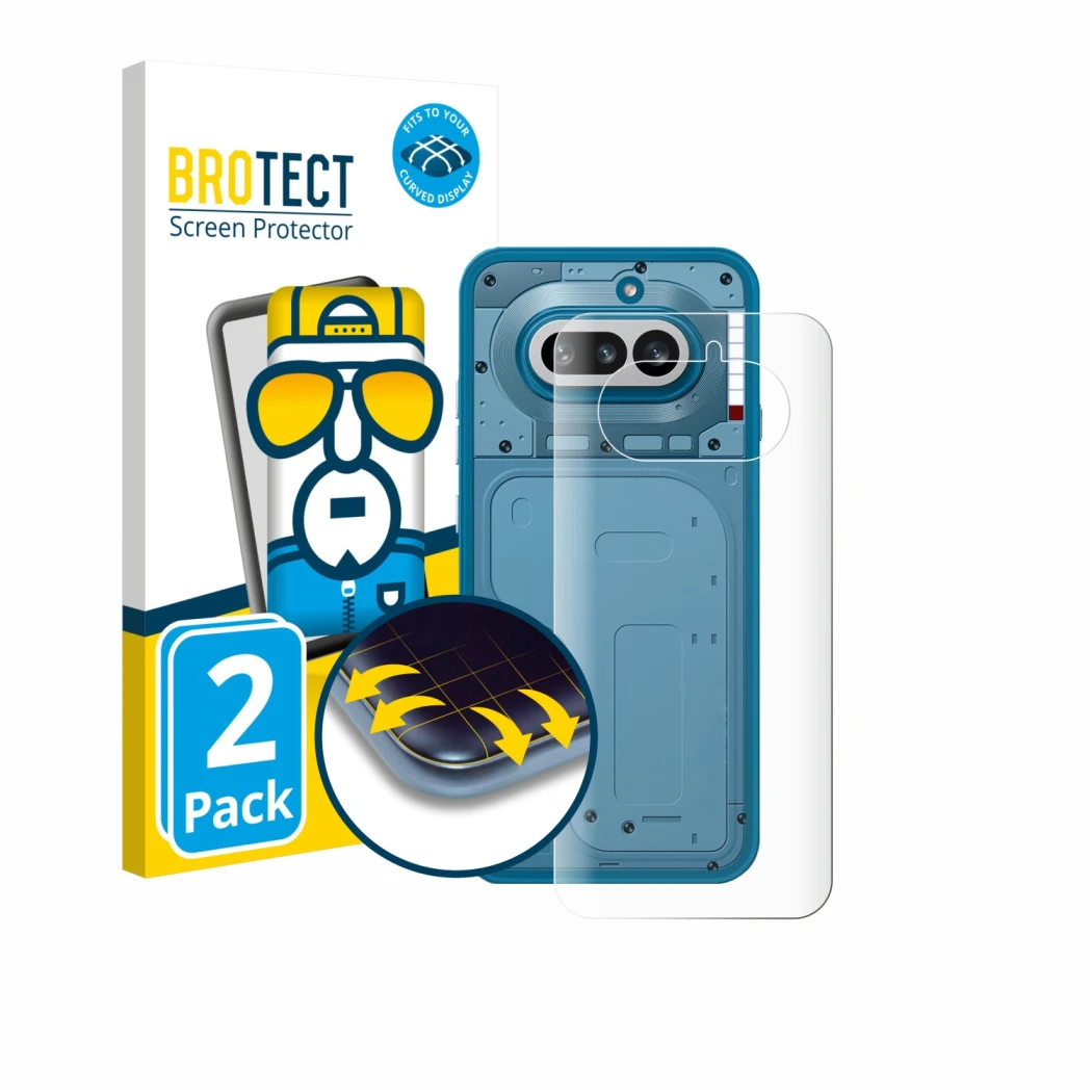 Vorderseite einer Produktverpackung mit dem Markenlogo BROTECT. Daneben ist das Gerät Nothing Phone (4a) (Rückseite) mit dem z