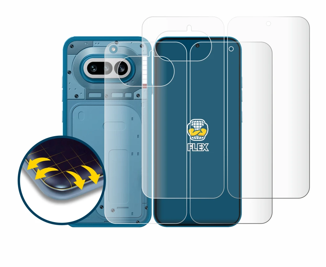 Abbildung des Geräts Nothing Phone (4a) (Display+Rückseite) mit einer Vielzahl des Displayschutzes.