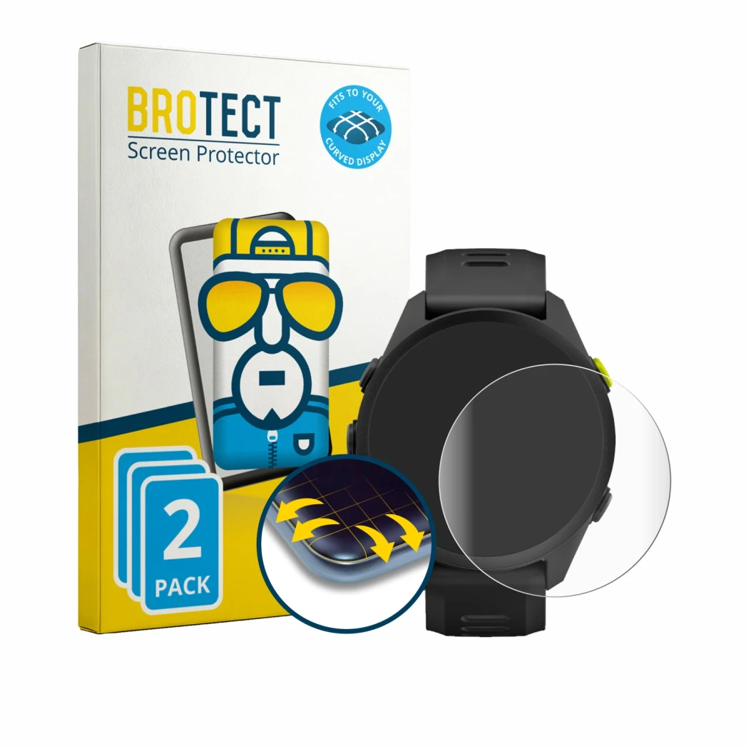 Vorderseite einer Produktverpackung mit dem Markenlogo BROTECT. Daneben ist das Gerät Garmin Forerunner 70 mit dem zugehörigen
