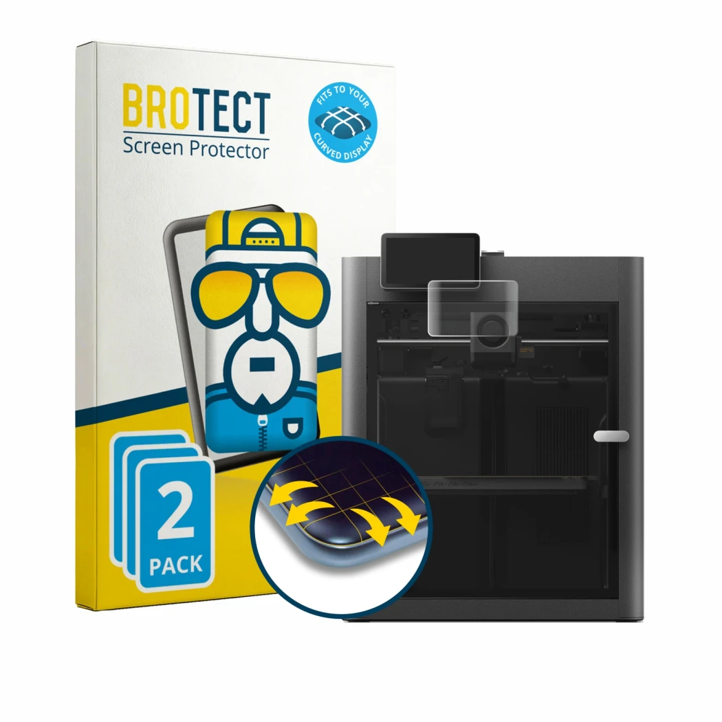 Vorderseite einer Produktverpackung mit dem Markenlogo BROTECT. Daneben ist das Gerät Bambu Lab X2D mit dem zugehörigen Displa
