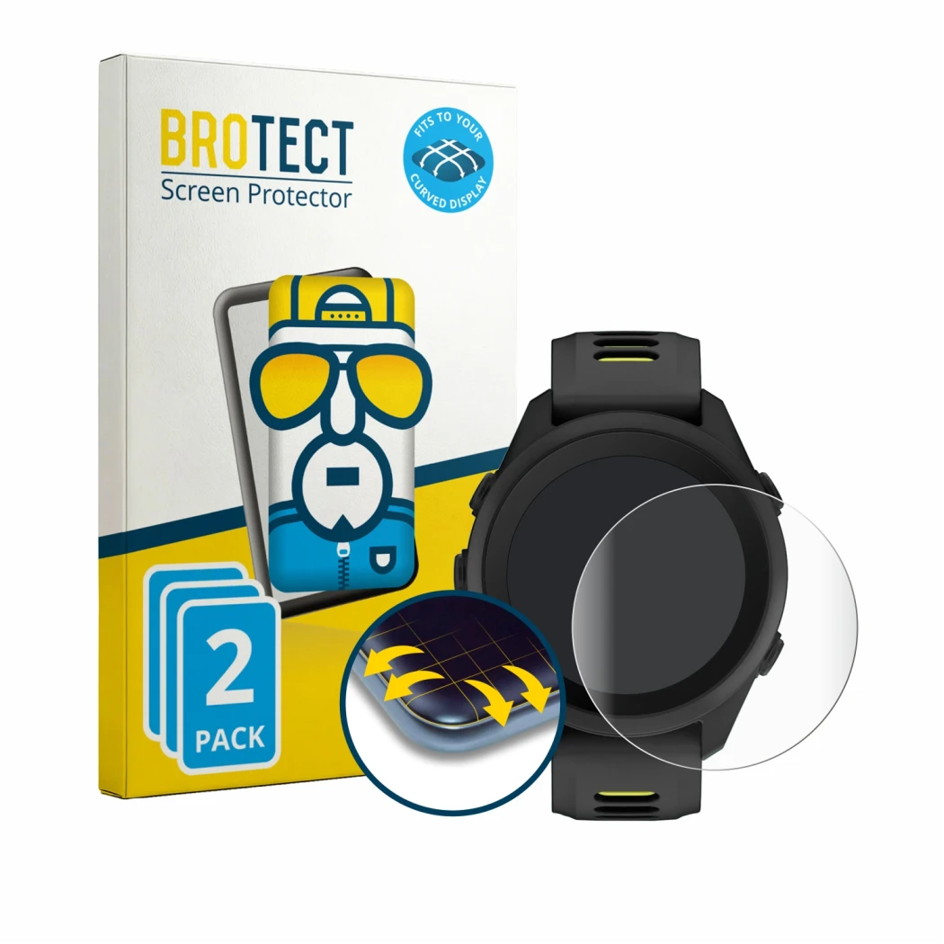 Vorderseite einer Produktverpackung mit dem Markenlogo BROTECT. Daneben ist das Gerät Garmin Forerunner 170 mit dem zugehörige