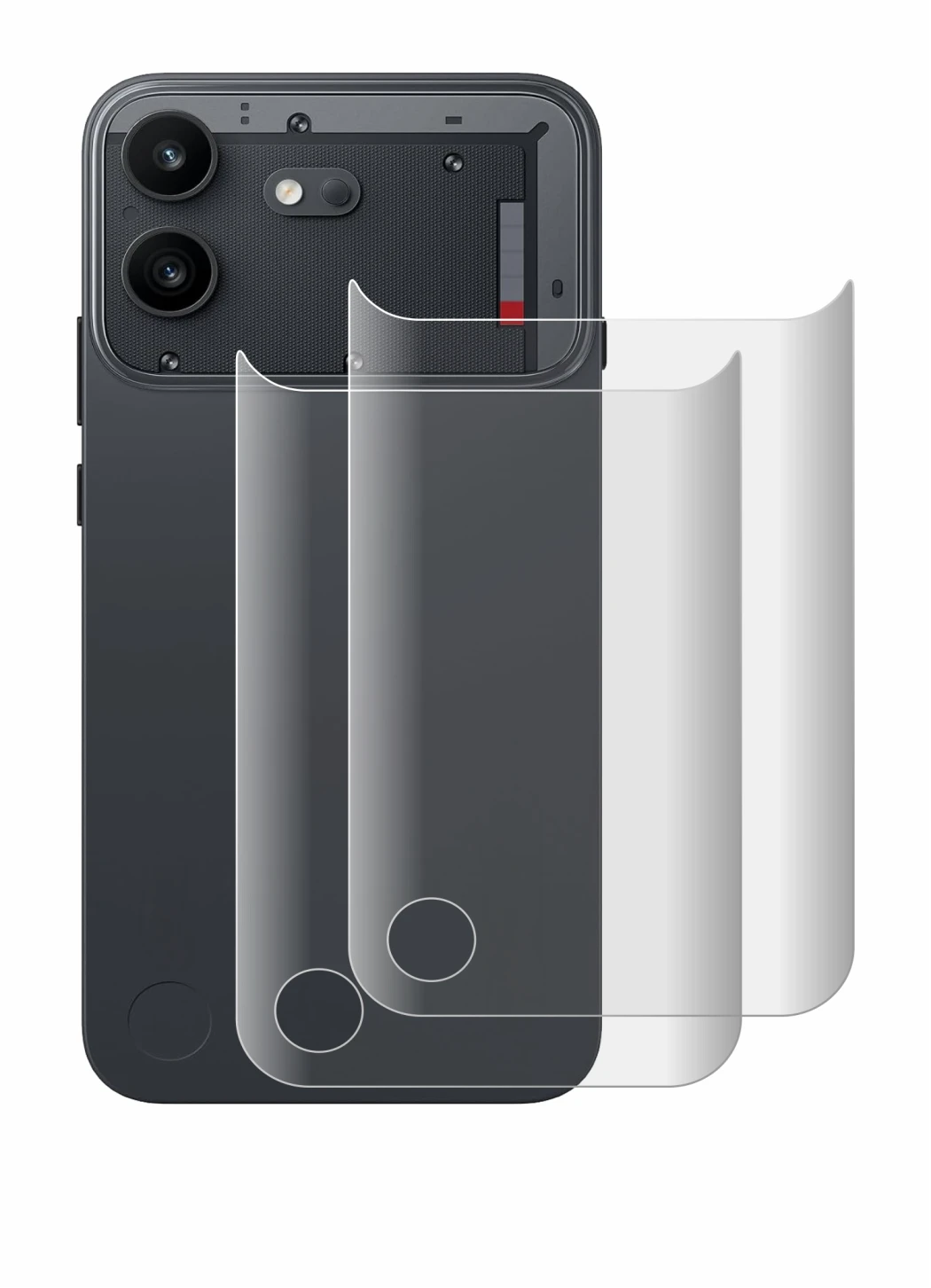 Abbildung des Geräts Nothing Phone (4b) (Rückseite) mit einer Vielzahl des Displayschutzes.