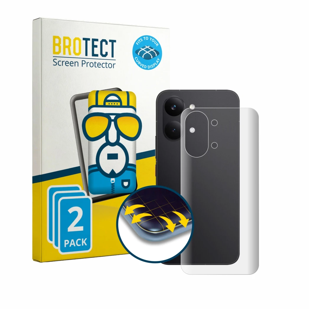 Vorderseite einer Produktverpackung mit dem Markenlogo BROTECT. Daneben ist das Gerät Xiaomi Poco X8 Pro Max (Rückseite) mit d
